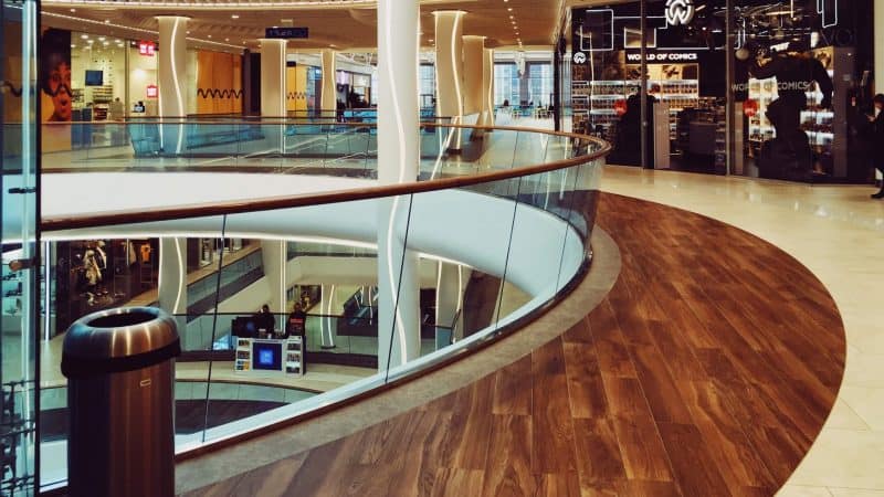 A combination of floor finishes in a shopping centre